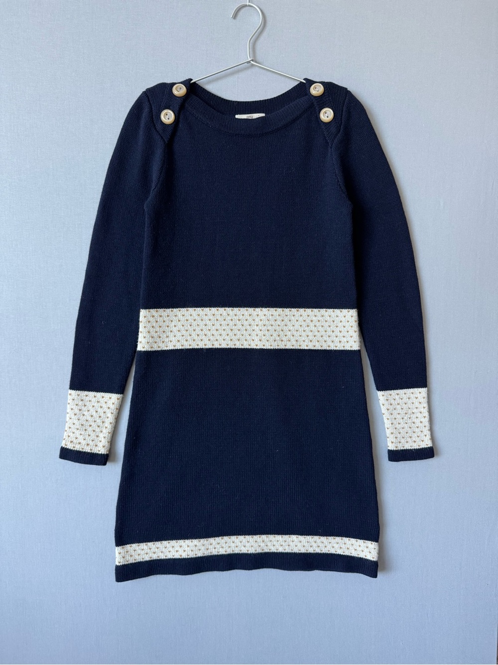 Orla Kiely Navy and Cream Long-Sleeve Knit Dress in a Cashmere Blend - Size 2